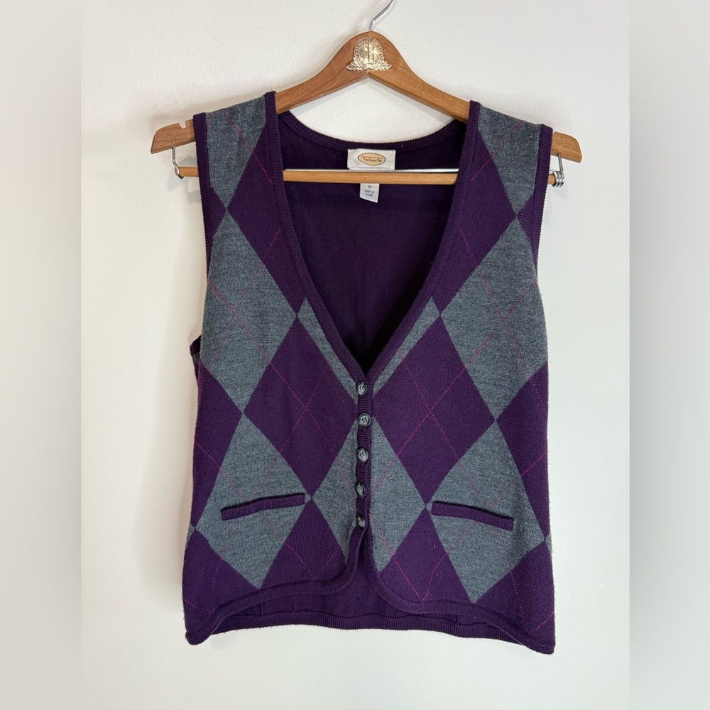 Talbots 100% Marino Wool Purple and Gray Argyle Vest in size medium